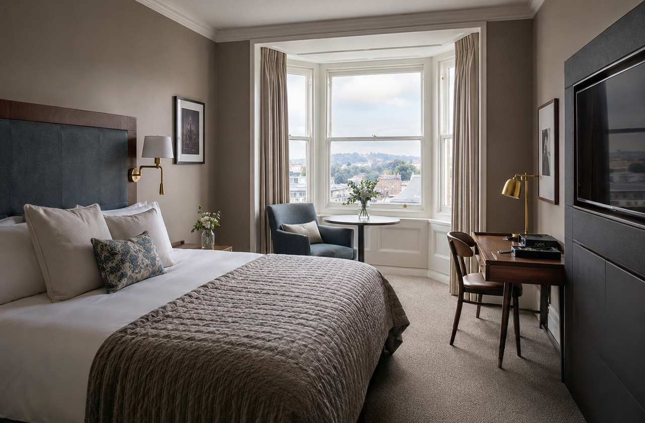 Deluxe Queen Room at Szerencse with warm hotel lighting and city-view seating